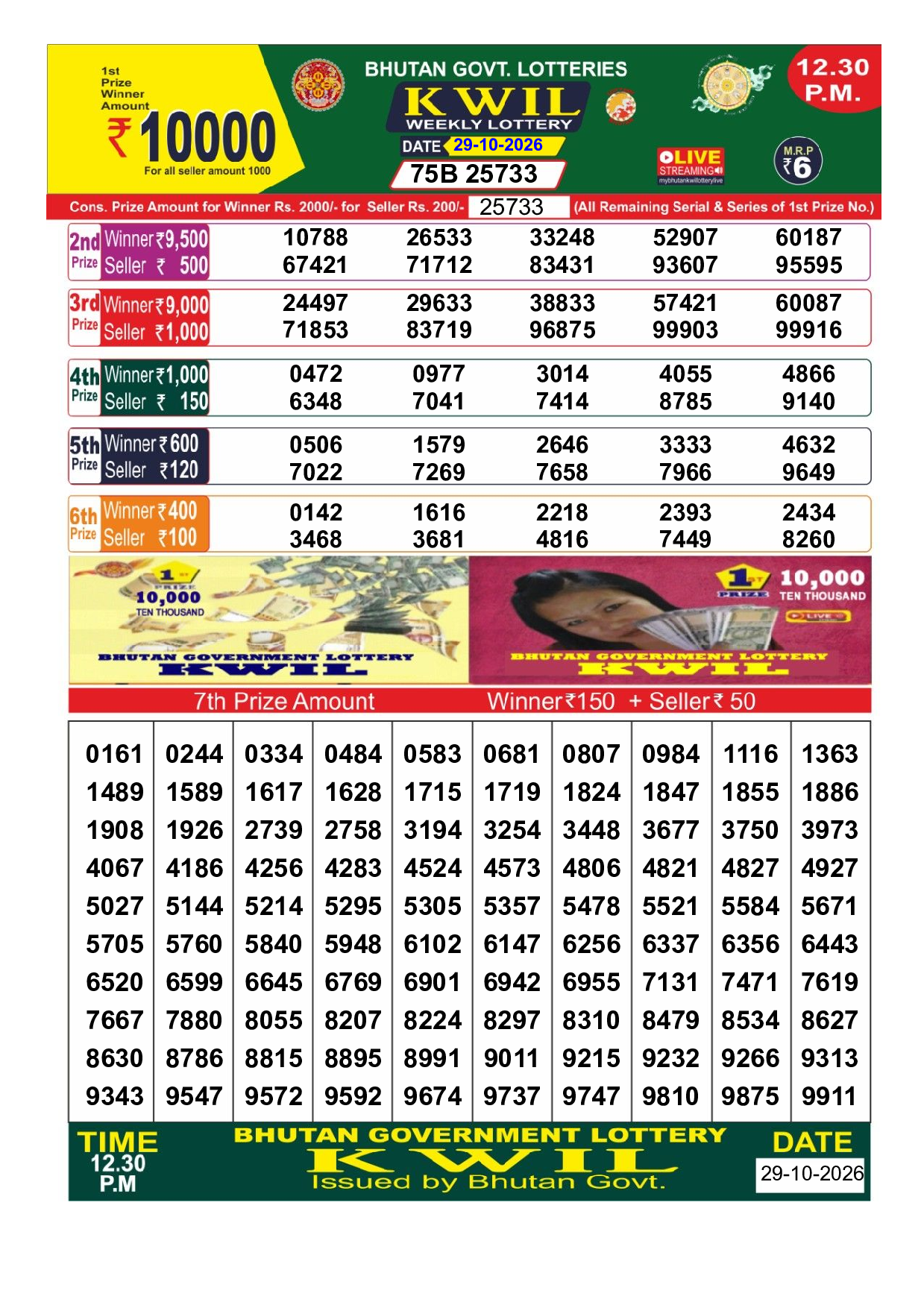 Bhutan Kwil 12:30 PM Result 2026-10-29 - Official Winning Numbers Sheet