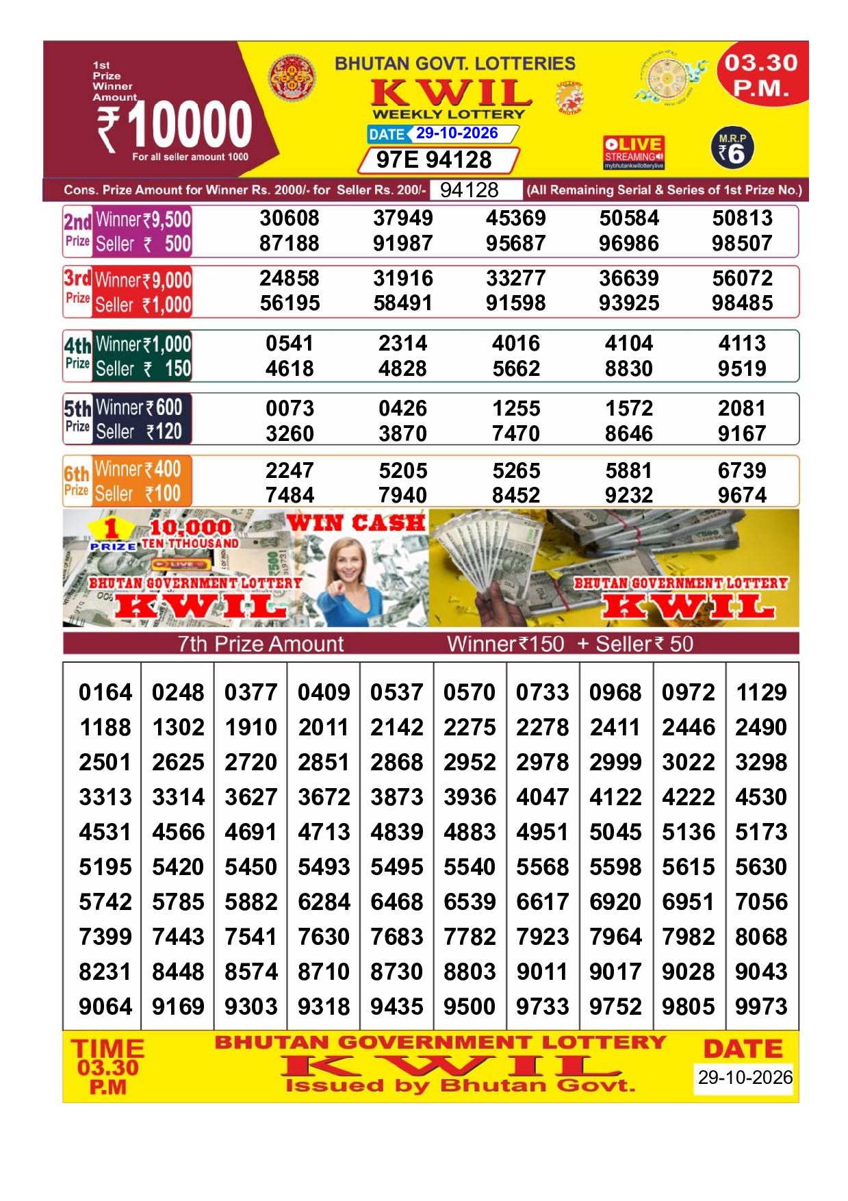 Bhutan Kwil 3:30 PM Result 2026-10-29 - Official Winning Numbers Sheet