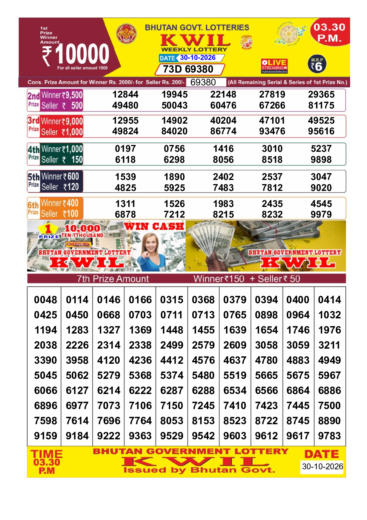 Bhutan Kwil 3:30 PM Result 2026-10-30 - Official Winning Numbers Sheet
