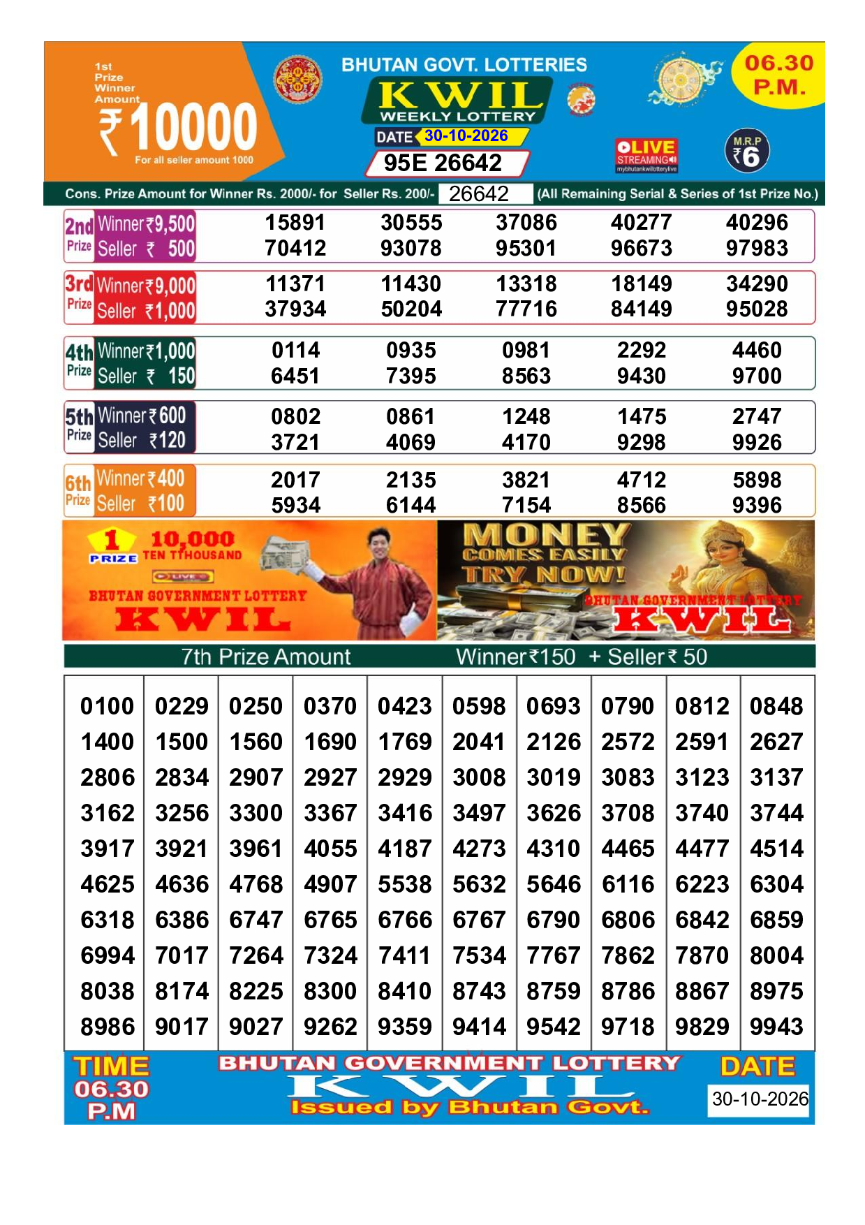 Bhutan Kwil 6:30 PM Result 2026-10-30 - Official Winning Numbers Sheet