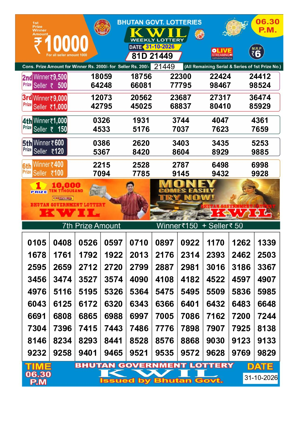 Bhutan Kwil 6:30 PM Result 2026-10-31 - Official Winning Numbers Sheet