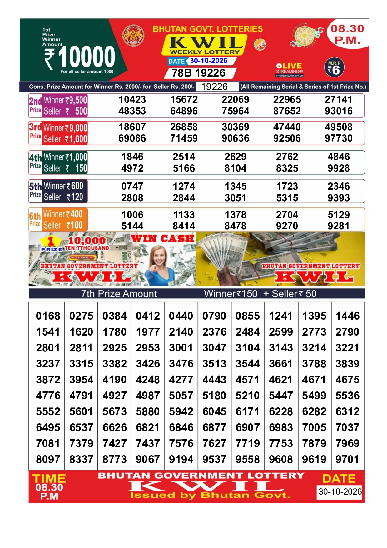 Bhutan Kwil 8:30 PM Result 2026-10-30 - Official Winning Numbers Sheet