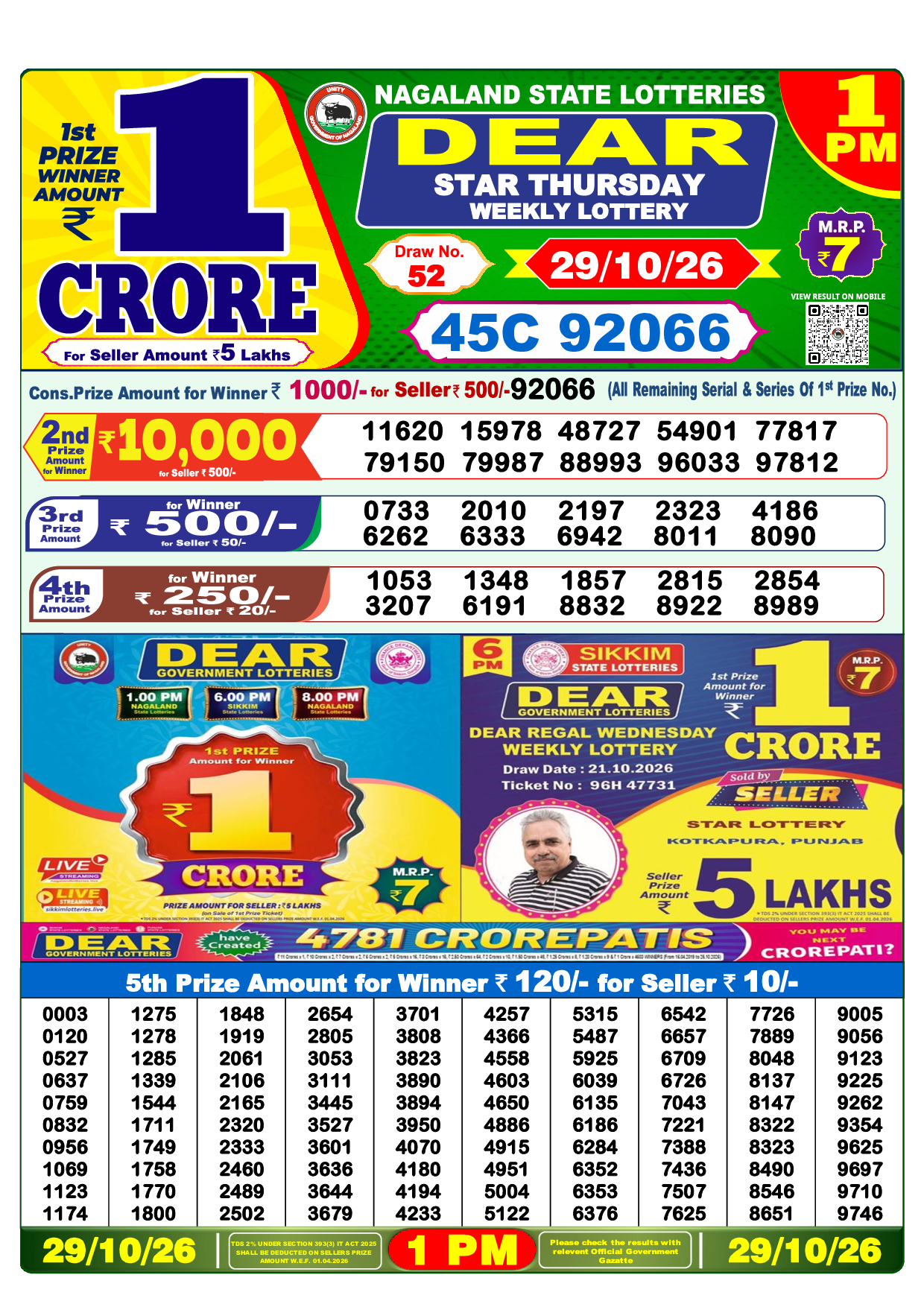Lottery Sambad Today 1:00 PM Result 29 Oct 2026 - Dear Morning Official Winning Numbers Sheet