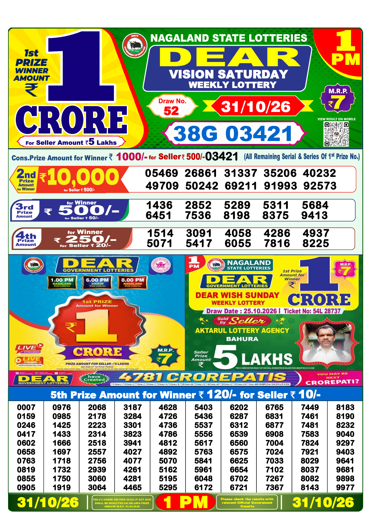 Lottery Sambad Today 1:00 PM Result 31 Oct 2026 - Dear Morning Official Winning Numbers Sheet