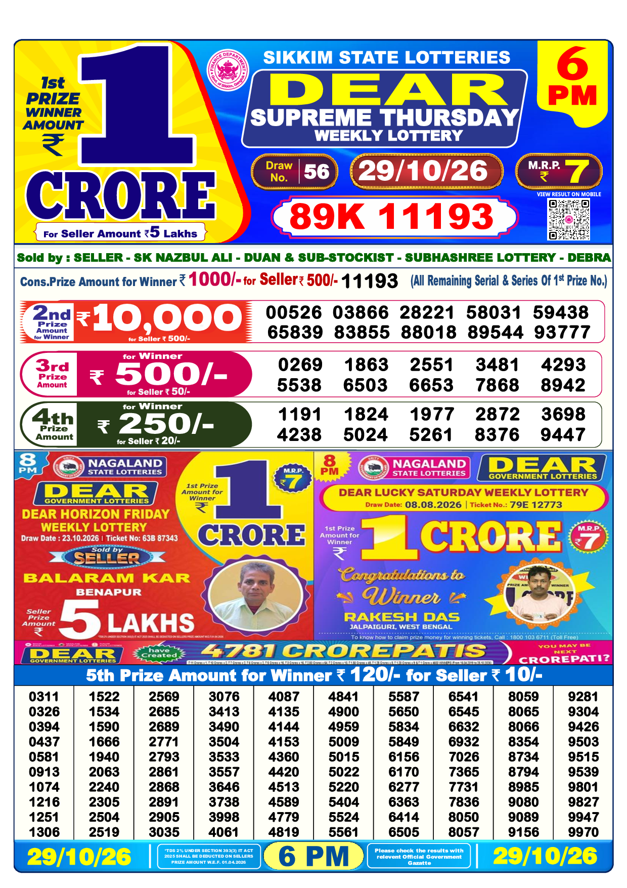 Lottery Sambad Today 6:00 PM Result 29 Oct 2026 - Dear Day Official Winning Numbers Sheet