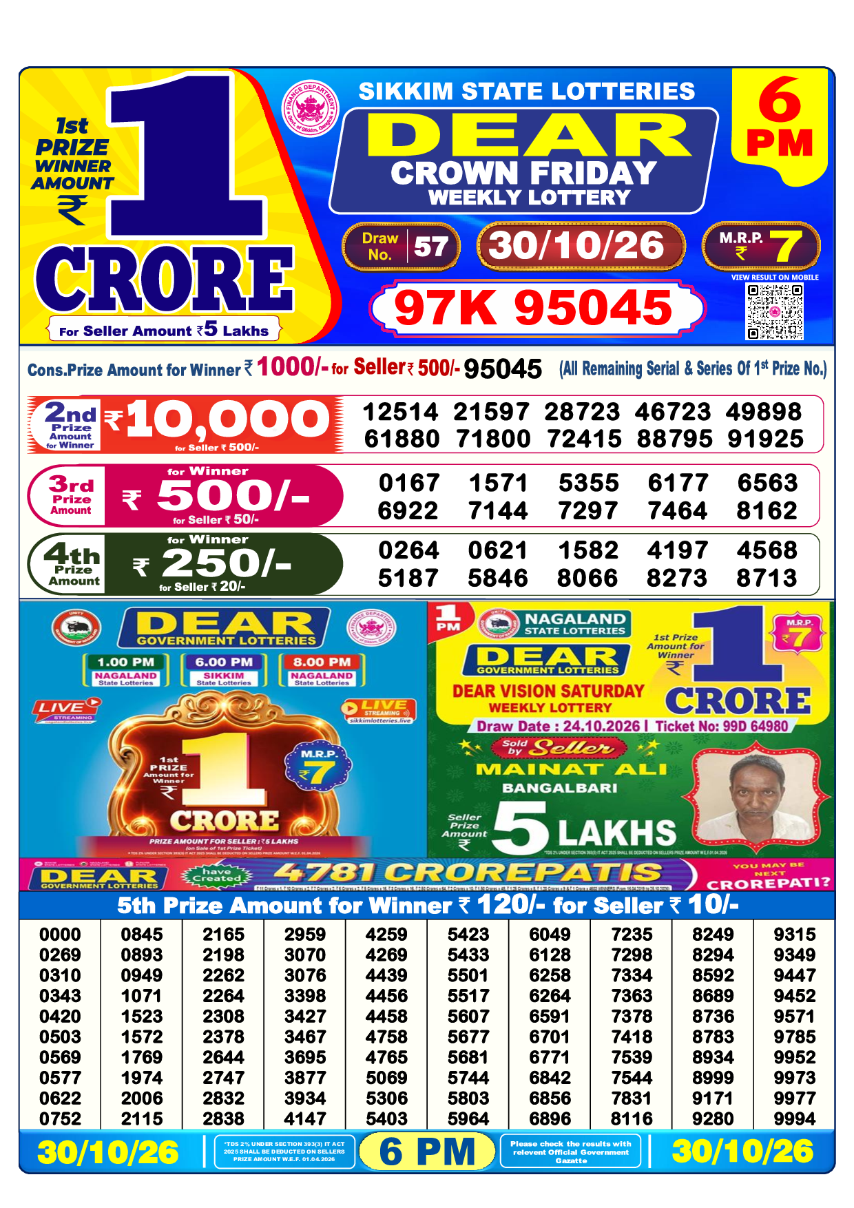 Lottery Sambad Today 6:00 PM Result 30 Oct 2026 - Dear Day Official Winning Numbers Sheet