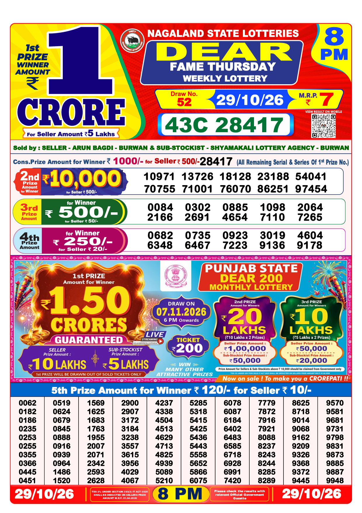 Lottery Sambad Today 8:00 PM Result 29 Oct 2026 - Dear Evening Official Winning Numbers Sheet