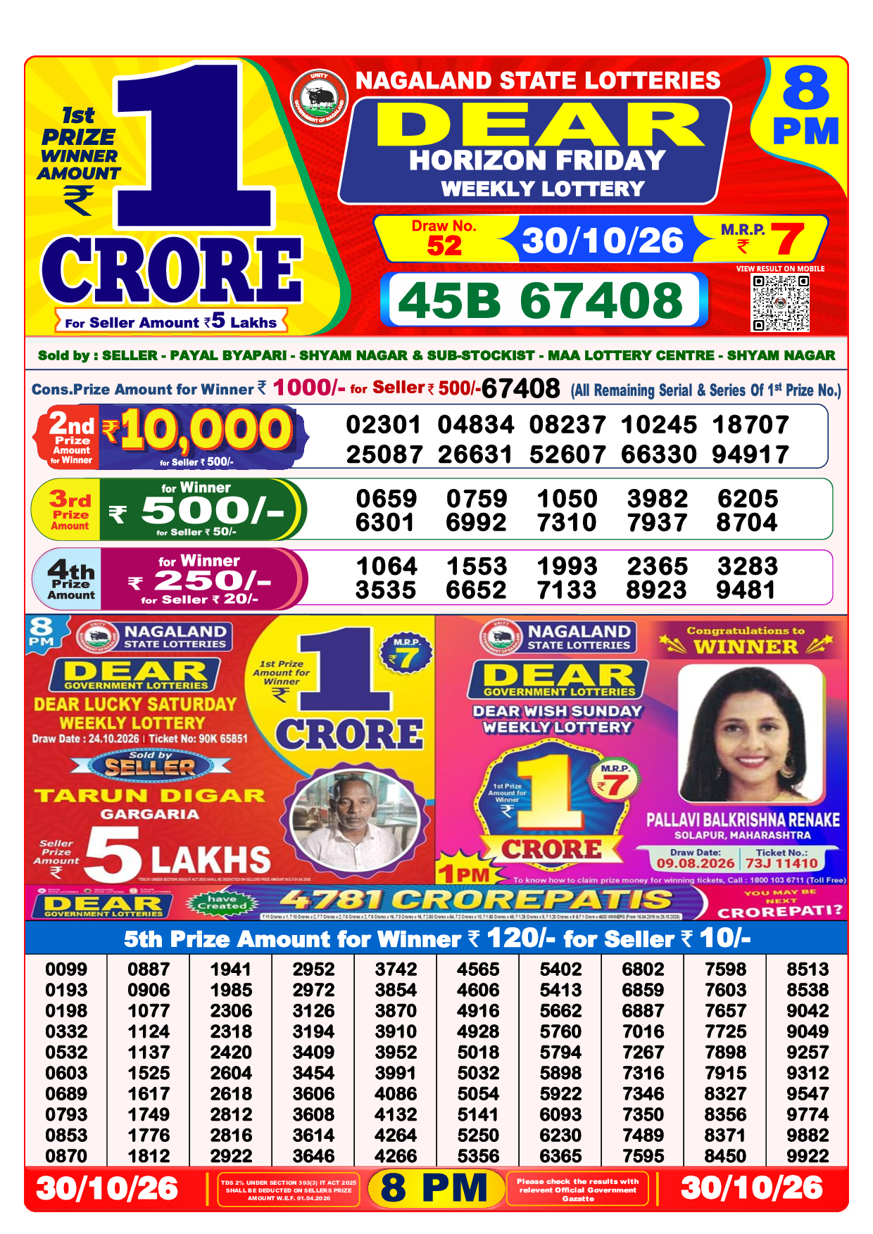 Lottery Sambad Today 8:00 PM Result 30 Oct 2026 - Dear Evening Official Winning Numbers Sheet