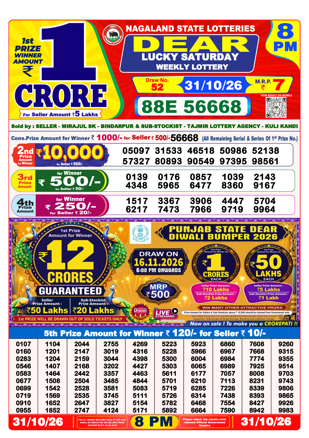 Lottery Sambad Today 8:00 PM Result 31 Oct 2026 - Dear Evening Official Winning Numbers Sheet